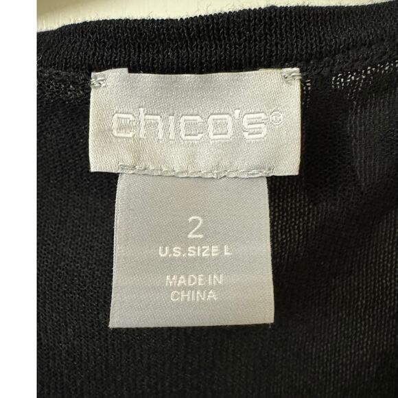 Chico's Size 2, Medium Sheer Black Jacket Tassels Lapel Sleeves Macrame Lace Hem - Picture 4 of 5